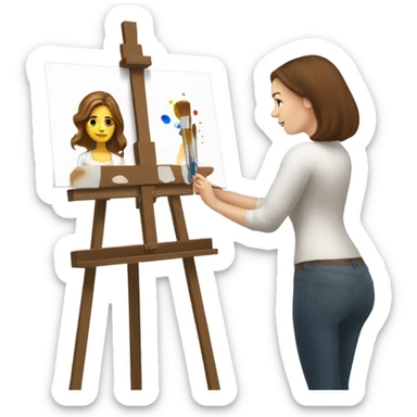 A female Caucasian brown haired artist, painting at an easel with Canvas on the easel sticker