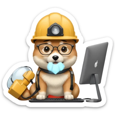 shiba inu with eye glasses and computer wearing a hard hat sticker