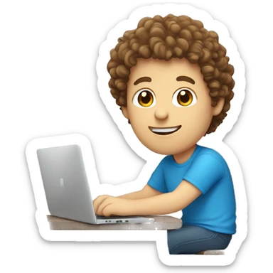 guy with curly brown hair, pale skin, blue t-shirt, sitting at a laptop sticker