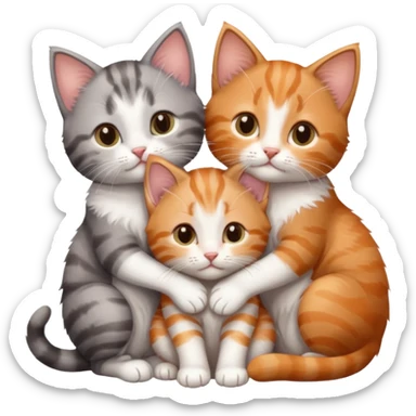 3 kittens cuddling together all different colours, the first one is grey and white, the second is ginger and white and the third is brown tabby and white sticker