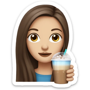 Beautiful woman, long straight brown hair, blue eyes, holding an iced latte sticker