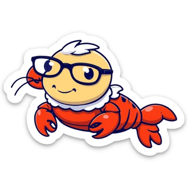 senior lobster with white hair and glasses, elderly lobster character with white eyebrows and whiskers, wearing round glasses sticker