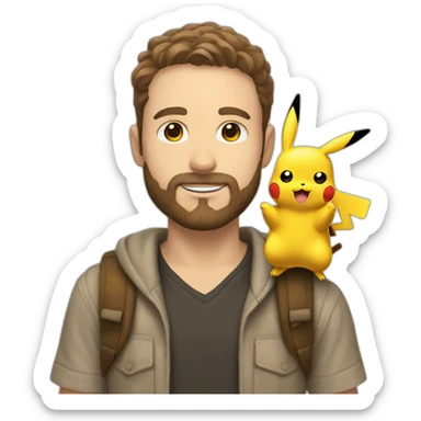 white man with brown hair and beard holding a pikachu pokemon sticker