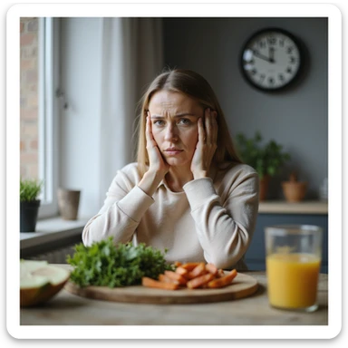 adult woman, photorealistic, diet stuck, sitting at table with healthy food, large clock in background indicating passing time, expression of waiting and frustration, natural light, kitchen background sticker