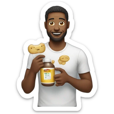 Man holding some weird Product sticker