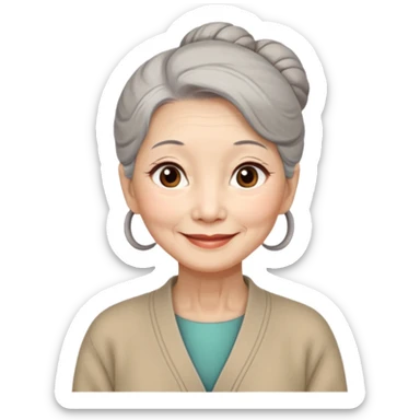 Chinese woman 76 years old, gentle wise expression, gray hair in bun, brown eyes, traditional beige cardigan sticker