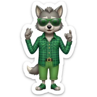 full-body friendly anthropomorphised wolf in green plaid shirt and green attire for St. Patrick's Day, wearing dark sunglasses, upright pose sticker
