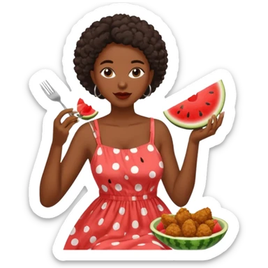 A black woman eating fried chicken and watermelon sticker