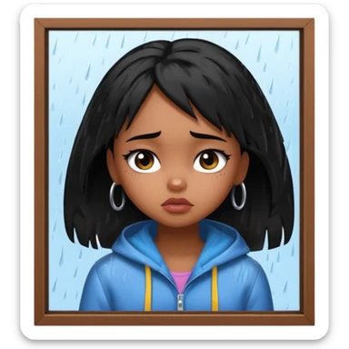 generate a pretty bratz brown skinned girl with messy black hair looking out of the rainy window, looking very sad. SIDE ANGLE sticker