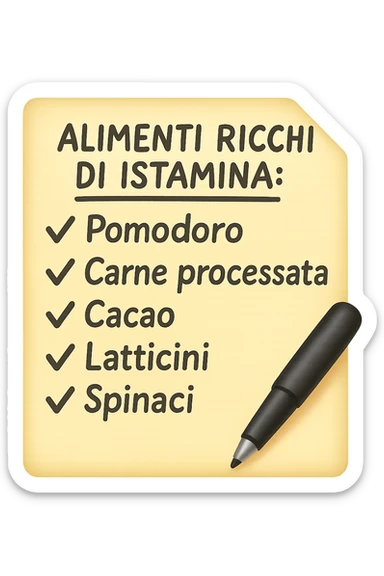 emoji di un foglio di carta con lista di alimenti ricchi di istamina scritti a penna:
ALIMENTI RICCHI DI ISTAMINA:
- Pomodoro
- Carne processata
- Cacao
- Latticini
- Spinaci sticker