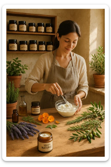 A realistic, high-quality photo of a small artisan skincare laboratory in Italy, with wooden shelves displaying beautifully packaged glass jars of natural creams made with herbal and botanical extracts, olive oil, and essential oils, clearly labeled ‘100% Natural’ and ‘Artisan Made in Italy’. The scene includes a bright, sunlit rustic workspace with plants, fresh lavender, rosemary, calendula flowers, and olive branches on the wooden counter, symbolizing purity and nature. A female artisan in a linen apron is carefully mixing creams in a glass bowl, smiling softly. The environment feels warm, authentic, and eco-friendly, emphasizing the concept of handcrafted skincare without synthetic chemicals in italiano sticker