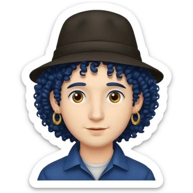 dark blue haired man curly hair and big earrings and and hat wearing sticker