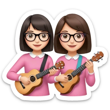 Two girls. They’re both brunettes. One is a bit taller than the other. She has a medium bob hair cut, and wears thick black glasses. The other girl has a fringe, and the hair above the shoulders. She wears pink, thin glasses. They’re both smiling. They both have an ukelele.  sticker