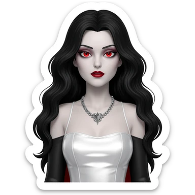 Countess Dracula with red eyes, long black hair, white metallic long dress, silver necklace sticker