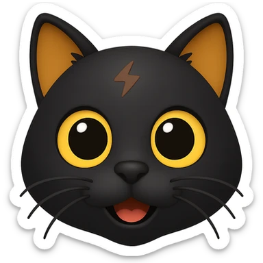 Make the black cat with big yellow eyes and thunder scar even cuter, emphasize big eyes, rounder face, playful expression, in the style of Emoji. Keep no background. sticker
