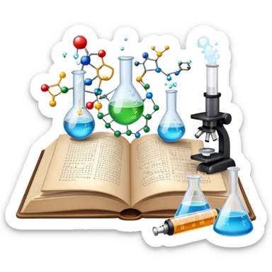 Icon for Scientific and Educational Reading: an open book with mathematical and physical formulas on the pages, with molecules and atoms flying out. On the desk are test tubes, flasks, and a microscope. Transparent background. sticker