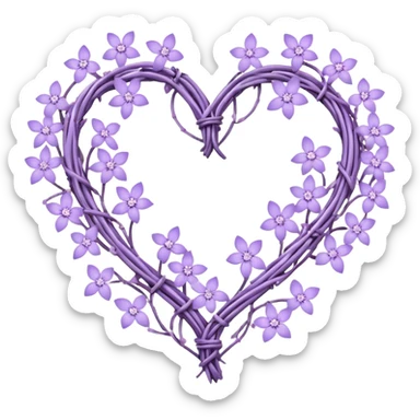 heart shape made out of barb wire vines with pastel lavender flowers and lilac flowers adorning the border with crystals hanging  sticker