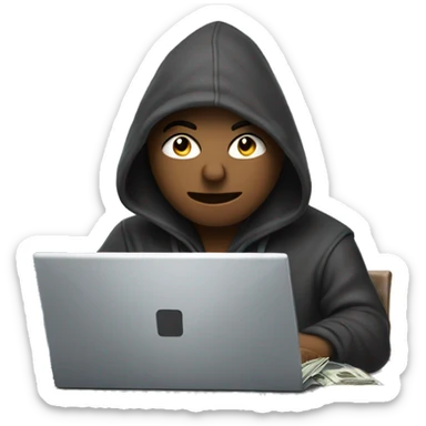 guy in a hood on a computer making money (wad of bills) sticker