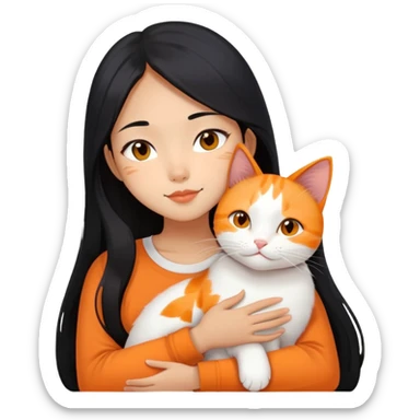Oriental Asian girl with long black hair snuggling with an orange and white cat, cat is mostly white with orange patches, the girl is holding the cat lovingly sticker