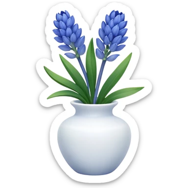 A small white ceramic vase holding a delicate blue hyacinth with soft green leaves — simple, elegant, and calming in a cozy, minimalist style. sticker