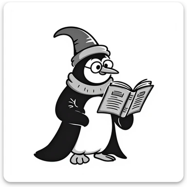 a wise penguin wizard with glasses, a long beard, and a book of spells, hand-drawn style sticker