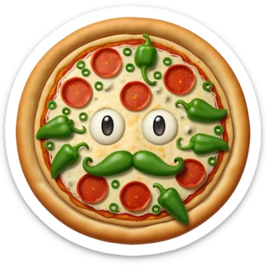Complete Pizza with two red pepperoni eyes, a mushroom nose, and a mouth, mustache, and eyebrows made out of green peppers sticker