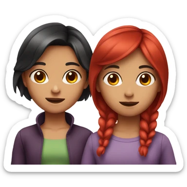 two girls, one with dark hair, the other with red hair sticker