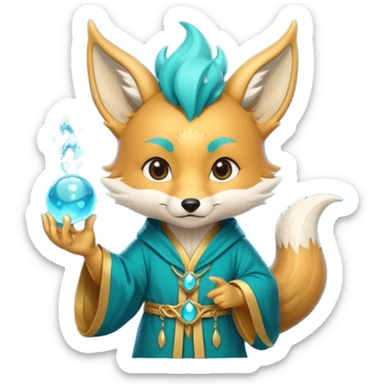 Chibi teal fox with small antler horns, confident magical expression, gold mark on forehead, teal-gold robe, holding glowing blue water orbs, with dragon tail with small antler horns sticker