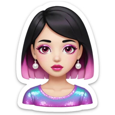 “black hair Emoji girl, glossy pink eyelids, ombré cherry lips, soft contour, subtle glitter under eyes, pearl hair clips, trendy hairstyle, iridescent modern top.” sticker