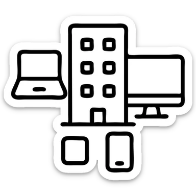 black and white outlined icon of a building surrounded by computers and tech gadgets sticker