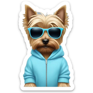 Yorkshire terrier dog with a pastel blue hoodie and pastel blue sunglasses sticker