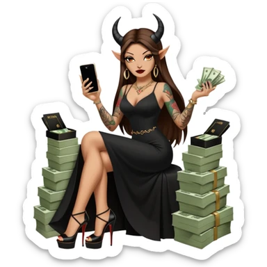 Sensual queen long brown straight haired mafia woman with black shiny platform high heels on her feet,  and black devil horns on her head, tattoos on arms , holding a stack of cash, has a phone in other hand. Sitting on a large big new model F350 pickup truck  long black dress with  slit sticker