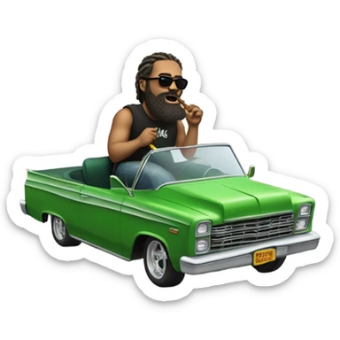 realistic portrait of bearded man puffing, big clouds while riding in a green Lowrider sticker