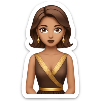 Woman using a long elegant dress. She has medium skin tone and a brown with gold makeup sticker