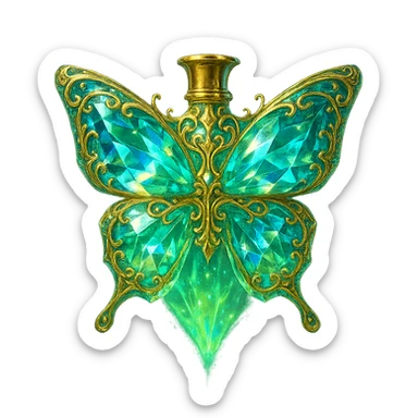 very close to original: crystal luxurious butterfly-shaped bottle with short gold neck (no crown), many facets, glowing, light refractions, green (#c0ff53) and blue colors, more golden details, more decorations, ornaments, glowing, magical effects, premium class impression. Bottle clearly floating in the air, no base or shadow, transparent background, beautiful merging bottom. sticker