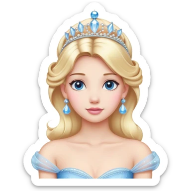Cinematic Majestic Cinderella Portrait Emoji, rendered in a realistic, vector-style with clean, bold shapes. Depict Cinderella with a refined, noble expression, her fair skin luminous and her long blonde hair styled in an elegant updo, adorned with a delicate tiara. Her attire is a simple, sparkling ball gown that radiates soft pastel hues, glowing with a soft, majestic light and a subtle glowing outline, epitomizing classic royal beauty. sticker