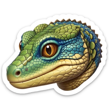 cinematic-realistic-cute-monitor-lizard-portrait-emoji,-head-tilted-playfully-and-inquisitively,-featuring-a-compact,-agile-body-with-finely-detailed,-glossy-scales-in-earthy-olive-hues-and-a-distinct,-alert-face-with-bright,-curious-eyes, blue , brown spotted and green multi coloured  scales sticker