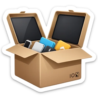 Minimalistic flat vector icon, iOS style, thin black contour on white background. Open box with old items being cleared out. Clean, modern, no text, no shadows sticker