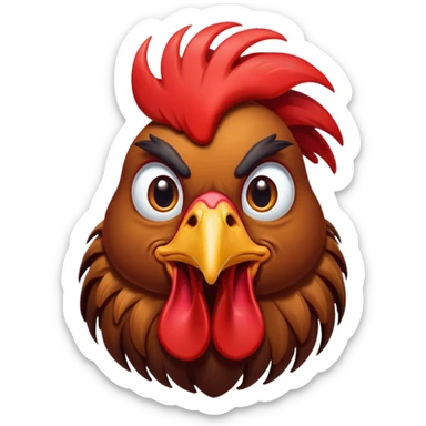 Cinematic Comical Brown Rooster Portrait Emoji, Head tilted dramatically with an exaggeratedly amused expression, featuring a striking, glossy brown plumage with a bold red comb, wide, expressive warm eyes filled with playful disbelief, Simplified yet hilariously expressive features, highly detailed, glowing with a slightly sassy glow, high shine, dramatic yet playful, stylized with an air of cheeky mischief, bright and endearing, soft glowing outline, capturing the essence of a spirited and over-the-top rooster, so meme-worthy it feels like it could crow its way into internet fame instantly! sticker