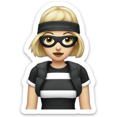 bank robber blonde woman with black beanie hat eye mask and striped shirt sticker