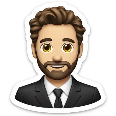 A man in late 30s with brown hair and brown eyes and a black suit and hair to the right and beard sticker