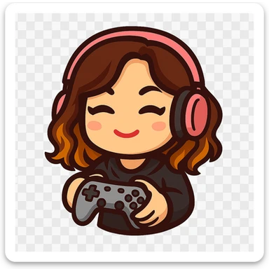 Create a chibi emote of the woman in the first reference image, in the style of the second reference image, holding a game controller in a gaming pose sticker