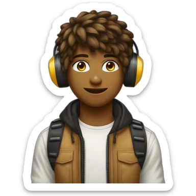 Adolescent métisse de 15 ans avec des cheveux noirs et courts avec des yeux marron clair avec un casque de gamer qui est derrière un ordinateur sticker