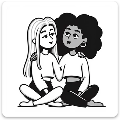 Full body of two teenage girls sitting together as friends, one white with straight blonde hair and one brown-skinned with curly black hair, both with heavy makeup, big lips, tight crop tops, hoop earrings, choni style urban clothing sticker