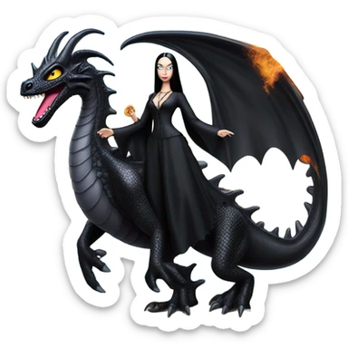  beautifully dressed teen Morticia Addams beach Barbie Jedi flying on the back of a very large black shiny evil-looking fire-spewing dragon. proper scale sticker