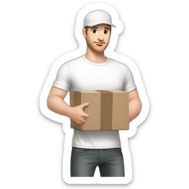 Pale skinned fit Man with dark brown hair in a light gray cap, dark brown jeans, brown polo and white T-shirt keeping a pasted with tape white box into his hands sticker
