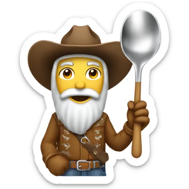 A cowboy holding a spoon with a snow pile on it holding a lighter underneath the spoon  sticker