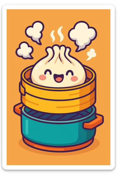a cute dumpling being cooked in a steamer, cartoon style, vibrant colors, playful sticker