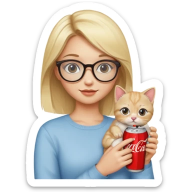 A beautiful girl with blonde hair and glasses holding a kitten in one hand and a Coke in the other sticker
