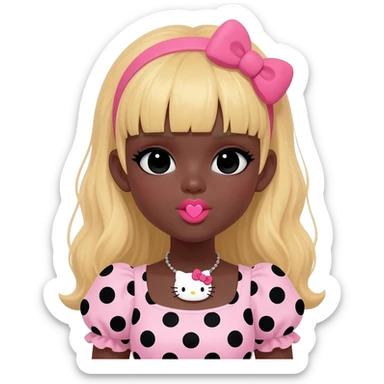 Doll faced shaped, hello kitty necklace, heart shaped cute lips bimbo, black doll eyes, Big lips barbie, dark brown skin with blonde hair, bimbocore outfit light pink and black polkadots sticker